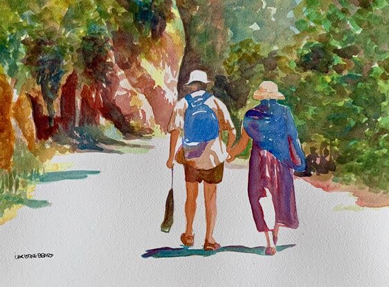 artwork showing a couple walking along a cliff side road in the sunshine