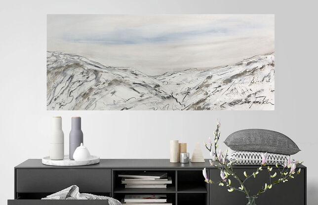 A large abstract landscape painting showing a mountain landscape in shades of cream, black and aqua. Inspired by the Victorian Alpines Victorian High Country.