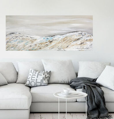 A large abstract landscape painting showing a mountain landscape in shades of cream, black and blue. Inspired by the Victorian Alpines Victorian High Country.