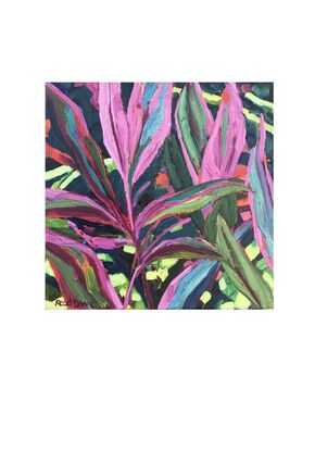 close up of pink and red tropical leaves, with green and turquoise brush strokes