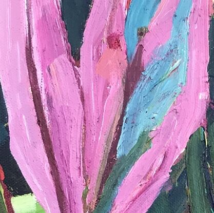 close up of pink and red tropical leaves, with green and turquoise brush strokes