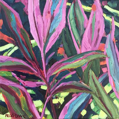 close up of pink and red tropical leaves, with green and turquoise brush strokes