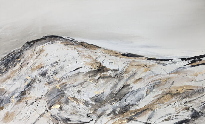 A large abstract landscape painting showing a mountain landscape in shades of cream, black and gold Inspired by the Victorian Alpines Victorian High Country.