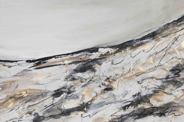 A large abstract landscape painting showing a mountain landscape in shades of cream, black and gold Inspired by the Victorian Alpines Victorian High Country.