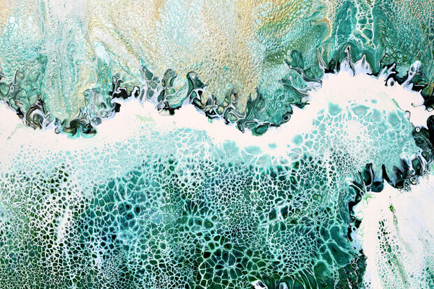 ABSTRACT painting that gives the impression of soothing ocean waves lapping in to soft sandy beach with long slow easy waves creating crests of white..  The intricate mosaic pattern within the tonal blue hues and tones of teal and the glimmering metallics adds added interest and intrigue.
The closer you get to the painting the more of the interesting details and patterns you can see. Metallics add an extra depth because the painting changes personality when one views from different angles.
although it is an impressionistic abstract, it still has a sense of motion of waves moving and frothing white! this is a diptych which is two paintings linked by a common pattern - in this case the crest of a wave.  The linear feel of the painting gives a very relaxed feeling which belies the motion that the waves create!