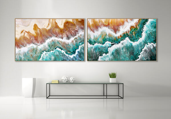 ABSTRACT painting that gives the impression of soothing ocean waves lapping in to soft sandy beach with long slow easy waves creating crests of white..  The intricate mosaic pattern within the tonal blue hues and tones of teal and the glimmering metallics adds added interest and intrigue.
The closer you get to the painting the more of the interesting details and patterns you can see. Metallics add an extra depth because the painting changes personality when one views from different angles.
although it is an impressionistic abstract, it still has a sense of motion of waves moving and frothing white! this is a diptych which is two paintings linked by a common pattern - in this case the crest of a wave.  The linear feel of the painting gives a very relaxed feeling which belies the motion that the waves create!