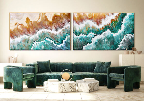 ABSTRACT painting that gives the impression of soothing ocean waves lapping in to soft sandy beach with long slow easy waves creating crests of white..  The intricate mosaic pattern within the tonal blue hues and tones of teal and the glimmering metallics adds added interest and intrigue.
The closer you get to the painting the more of the interesting details and patterns you can see. Metallics add an extra depth because the painting changes personality when one views from different angles.
although it is an impressionistic abstract, it still has a sense of motion of waves moving and frothing white! this is a diptych which is two paintings linked by a common pattern - in this case the crest of a wave.  The linear feel of the painting gives a very relaxed feeling which belies the motion that the waves create!