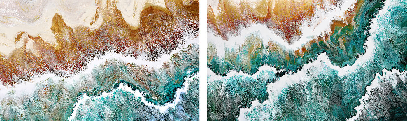 ABSTRACT painting that gives the impression of soothing ocean waves lapping in to soft sandy beach with long slow easy waves creating crests of white..  The intricate mosaic pattern within the tonal blue hues and tones of teal and the glimmering metallics adds added interest and intrigue.
The closer you get to the painting the more of the interesting details and patterns you can see. Metallics add an extra depth because the painting changes personality when one views from different angles.
although it is an impressionistic abstract, it still has a sense of motion of waves moving and frothing white! this is a diptych which is two paintings linked by a common pattern - in this case the crest of a wave.  The linear feel of the painting gives a very relaxed feeling which belies the motion that the waves create!