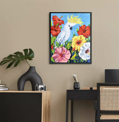 Sulphur-Crested Cockatoo and Hibiscus flowers original painting by Irina Redine. Australian parrot and tropical flowers one of a kind wall art on canvas.