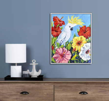 Sulphur-Crested Cockatoo and Hibiscus flowers original painting by Irina Redine. Australian parrot and tropical flowers one of a kind wall art on canvas.