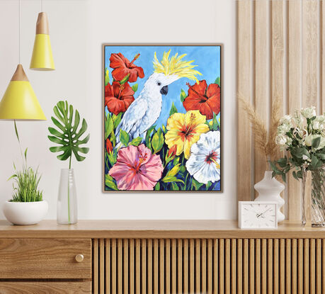 Sulphur-Crested Cockatoo and Hibiscus flowers original painting by Irina Redine. Australian parrot and tropical flowers one of a kind wall art on canvas.