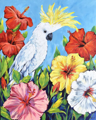 Sulphur-Crested Cockatoo and Hibiscus flowers original painting by Irina Redine. Australian parrot and tropical flowers one of a kind wall art on canvas.