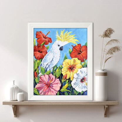 Sulphur-Crested Cockatoo and Hibiscus flowers original painting by Irina Redine. Australian parrot and tropical flowers one of a kind wall art on canvas.