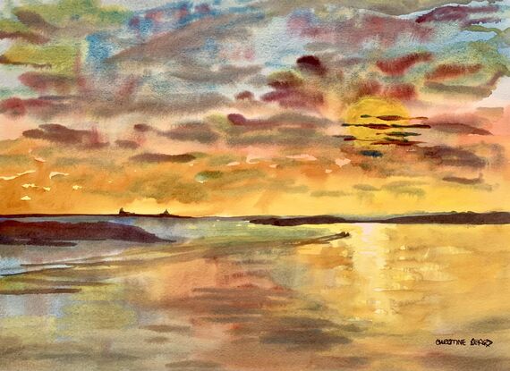 artwork showing a sunset across a stretch of water