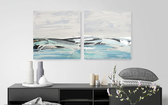 an abstract seascape of a coastline with white, a metallic seafoam, silver leaf, shades of aqua and light blue, light grey and ebony black.