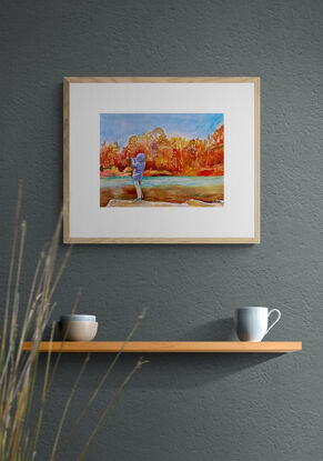 artwork showing a young person taking a photo across a sunlit autumn coloured stretch of water