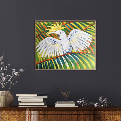 Sulphur-Crested Cockatoo original painting by Irina Redine. Australian white cockatoo one of a kind wall art on canvas.