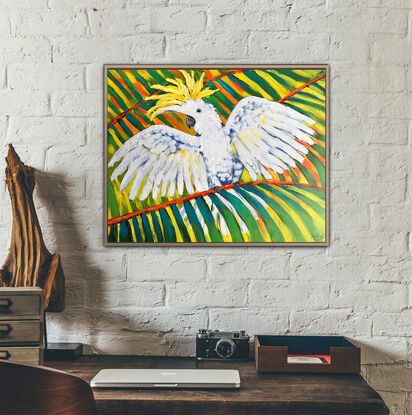 Sulphur-Crested Cockatoo original painting by Irina Redine. Australian white cockatoo one of a kind wall art on canvas.