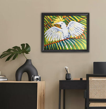 Sulphur-Crested Cockatoo original painting by Irina Redine. Australian white cockatoo one of a kind wall art on canvas.