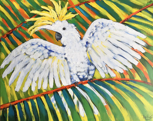 Sulphur-Crested Cockatoo original painting by Irina Redine. Australian white cockatoo one of a kind wall art on canvas.