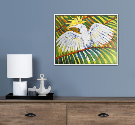 Sulphur-Crested Cockatoo original painting by Irina Redine. Australian white cockatoo one of a kind wall art on canvas.