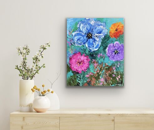 Big flowers in bright colours with textured surface. 