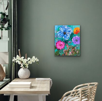 Big flowers in bright colours with textured surface. 