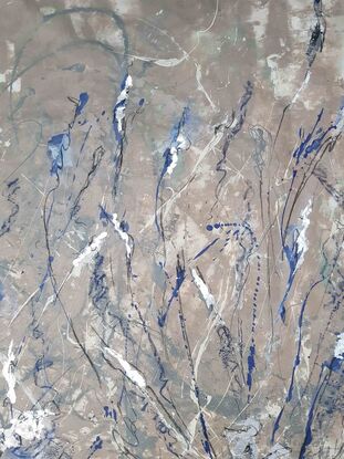 An abstract of wild grass and leaves in dark blue, smoke blue and white with silver leaf.  