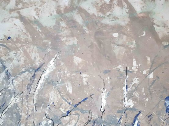 An abstract of wild grass and leaves in dark blue, smoke blue and white with silver leaf.  