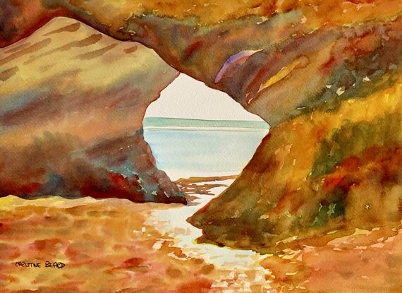 artwork showing a rocky outcrop forming a tunnel onto a beach