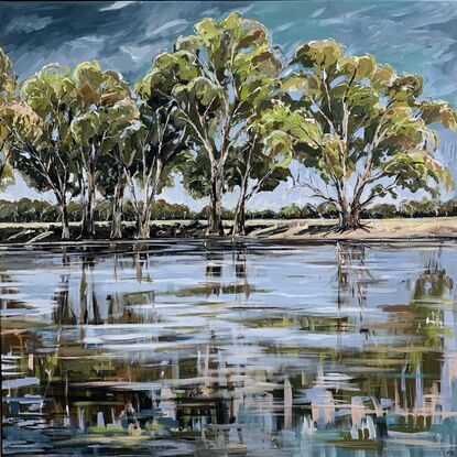 Gum trees line the edge of the Murray river with a beautiful reflection in the water. 