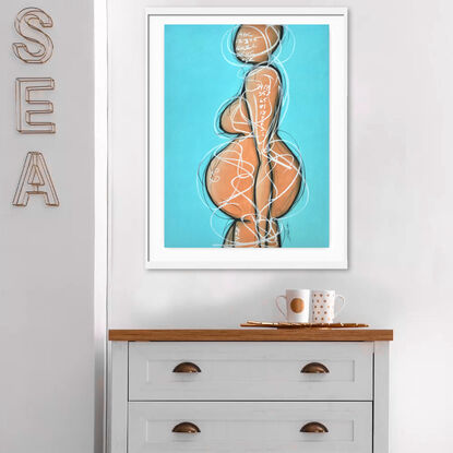 Contemporary abstract minimalist mother-to-be figurative nude art drawing by Sabina D'Antonio, with turquoise blue and neutral colours.