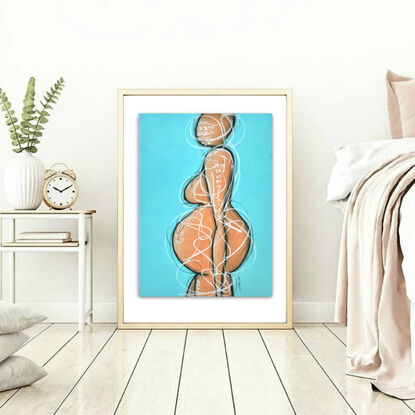 Contemporary abstract minimalist mother-to-be figurative nude art drawing by Sabina D'Antonio, with turquoise blue and neutral colours.