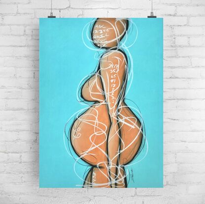 Contemporary abstract minimalist mother-to-be figurative nude art drawing by Sabina D'Antonio, with turquoise blue and neutral colours.