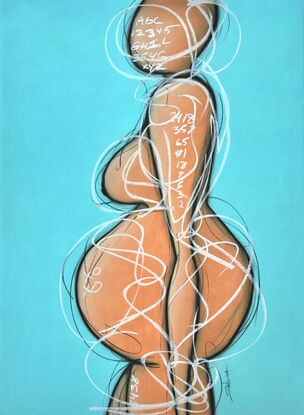 Contemporary abstract minimalist mother-to-be figurative nude art drawing by Sabina D'Antonio, with turquoise blue and neutral colours.