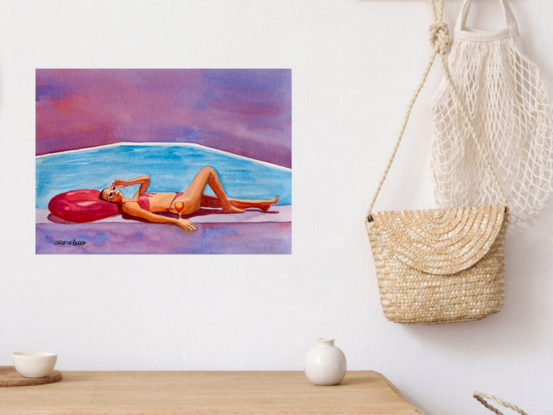 artwork showing a woman lying drink in hand in front of an infinity pool