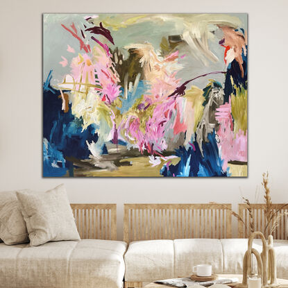 Large, colourful and energetic abstract painting in abstract expressionist style. Dominant colours being pink, blue and green in varying shades. 