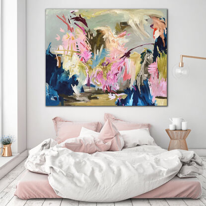 Large, colourful and energetic abstract painting in abstract expressionist style. Dominant colours being pink, blue and green in varying shades. 