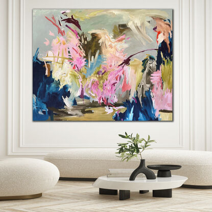 Large, colourful and energetic abstract painting in abstract expressionist style. Dominant colours being pink, blue and green in varying shades. 