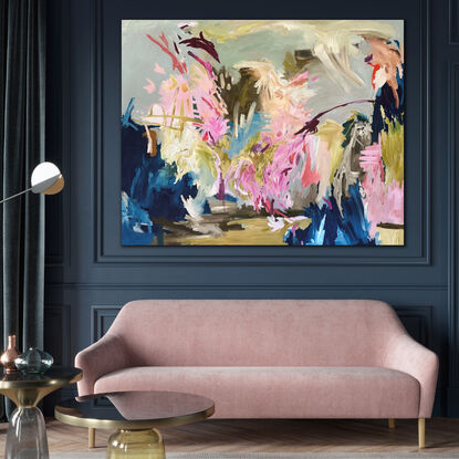 Large, colourful and energetic abstract painting in abstract expressionist style. Dominant colours being pink, blue and green in varying shades. 