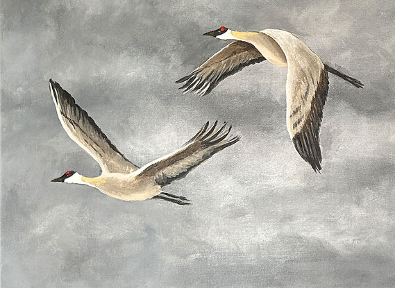 A small flock of cranes flying across a cloudy sky.