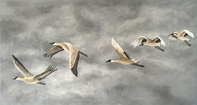 A small flock of cranes flying across a cloudy sky.