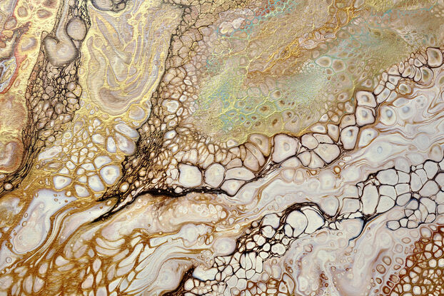 Acrylic fluid pour painting by master abstractionists pete+chrissy.
ABSTRACT painting of flowing colours: creams, golds, light golds, ochre, chocolate, royal purple, pink, beige and a touch of greyish-aquamarine.
It has incredible depth while evoking a feeling of peace!
The closer you get to the painting the more of the interesting details and patterns you can see. Metallics add an extra depth because the painting changes personality when one views from different angles.