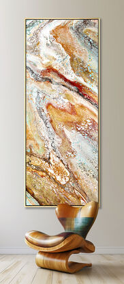 Acrylic fluid pour painting by master abstractionists pete+chrissy.
ABSTRACT painting of flowing colours: creams, golds, light golds, ochre, chocolate, royal purple, pink, beige and a touch of greyish-aquamarine.
It has incredible depth while evoking a feeling of peace!
The closer you get to the painting the more of the interesting details and patterns you can see. Metallics add an extra depth because the painting changes personality when one views from different angles.