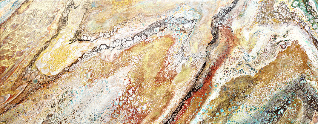 Acrylic fluid pour painting by master abstractionists pete+chrissy.
ABSTRACT painting of flowing colours: creams, golds, light golds, ochre, chocolate, royal purple, pink, beige and a touch of greyish-aquamarine.
It has incredible depth while evoking a feeling of peace!
The closer you get to the painting the more of the interesting details and patterns you can see. Metallics add an extra depth because the painting changes personality when one views from different angles.