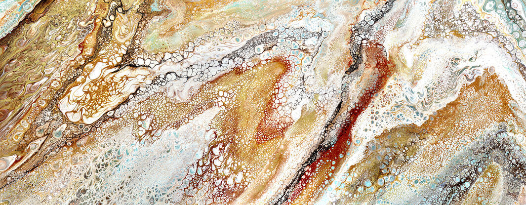 Acrylic fluid pour painting by master abstractionists pete+chrissy.
ABSTRACT painting of flowing colours: creams, golds, light golds, ochre, chocolate, royal purple, pink, beige and a touch of greyish-aquamarine.
It has incredible depth while evoking a feeling of peace!
The closer you get to the painting the more of the interesting details and patterns you can see. Metallics add an extra depth because the painting changes personality when one views from different angles.