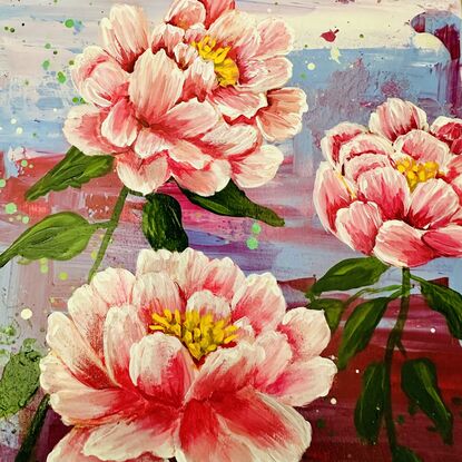 3 detailed, vibrant pink peonies against an abstract purple haze background. Created using acrylics on wood panel