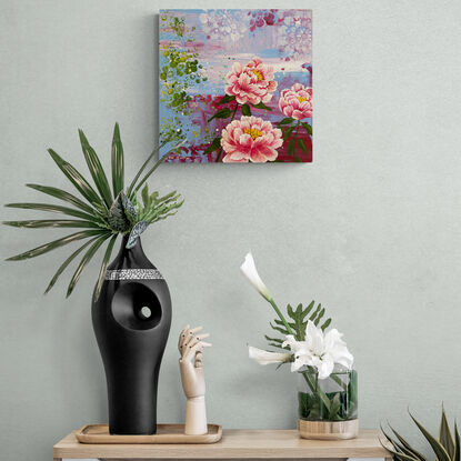 3 detailed, vibrant pink peonies against an abstract purple haze background. Created using acrylics on wood panel