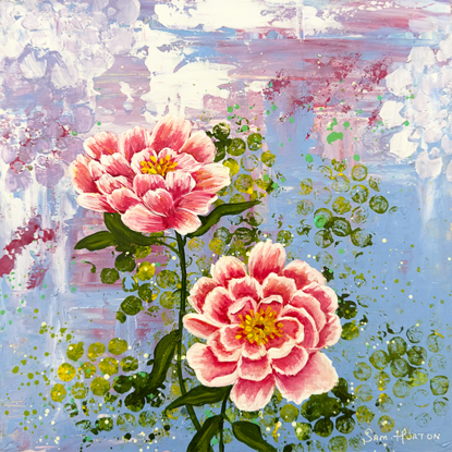 3 detailed, vibrant pink peonies against an abstract purple haze background. Created using acrylics on wood panel