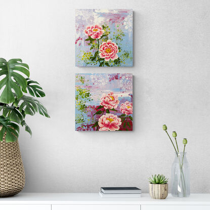 3 detailed, vibrant pink peonies against an abstract purple haze background. Created using acrylics on wood panel